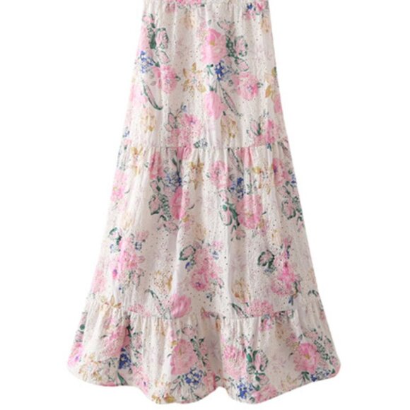 28. Pink Floral Hollowed Out Midi Dress with Shoulder Tie Straps - Picture 3 of 3